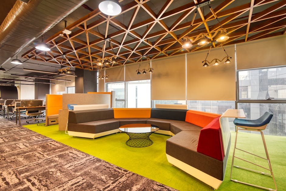 Vibrant open office space with colorful seating and contemporary design elements